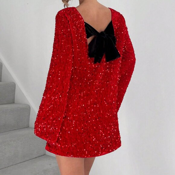 Red Party Women's Sequin Embellished Round Neck Long Sleeve Mini Dress - Picture 2 of 6